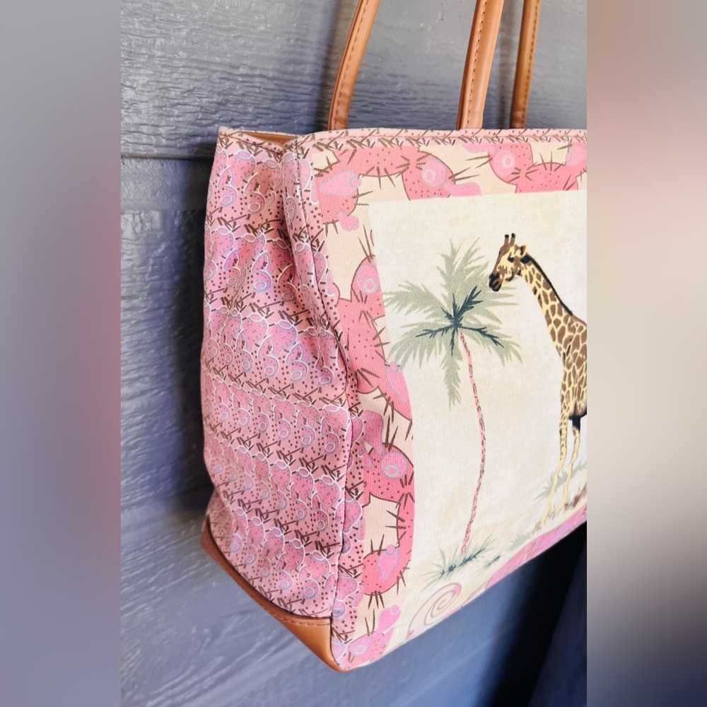 St. John's Bay Pink and Tan Giraffe Print & Beaded Canvas Tote - Picture 3 of 9